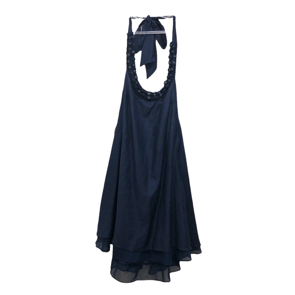 Miss Me Beaded Neckline Tie Neck Backless Mini Dress Women's Size L Navy Blue